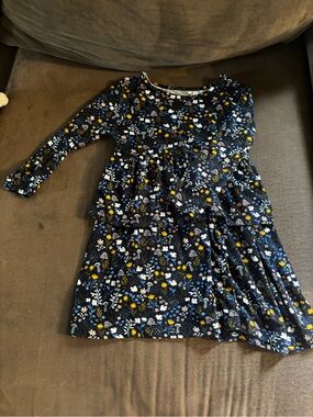 Navy Floral Tiered Long-Sleeve Girl's Dress with Yellow & White Accents